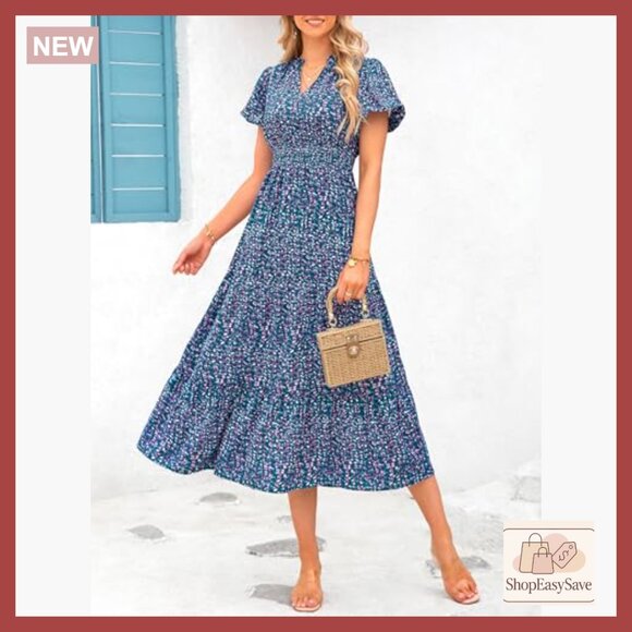 Floral Maxi Dress V Neck Puff Sleeve Smocked Waist Boho Casual Beach Wear - Picture 3 of 7